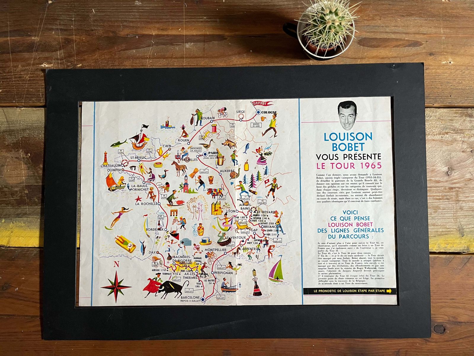 Vintage Original Tour De France Route Map, 1965, Louison Bobet