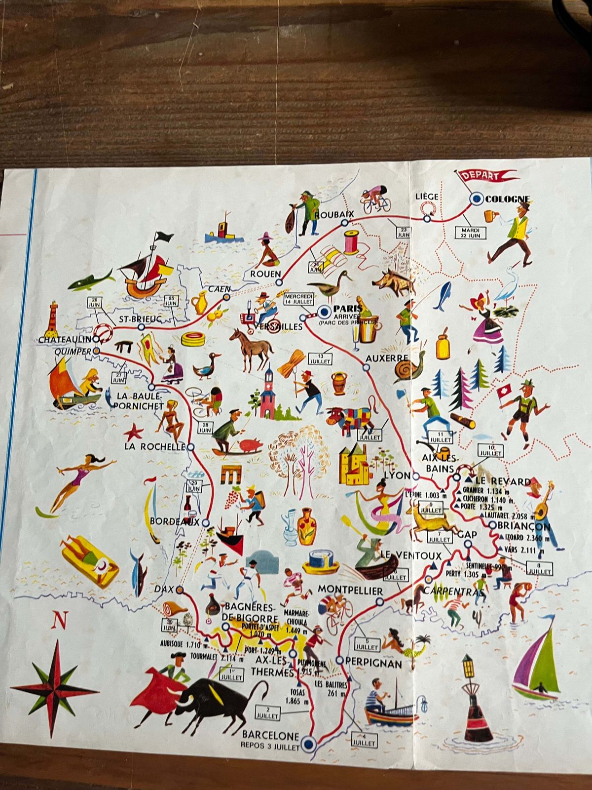 Vintage Original Tour De France Route Map, 1965, Louison Bobet photo vinterior
