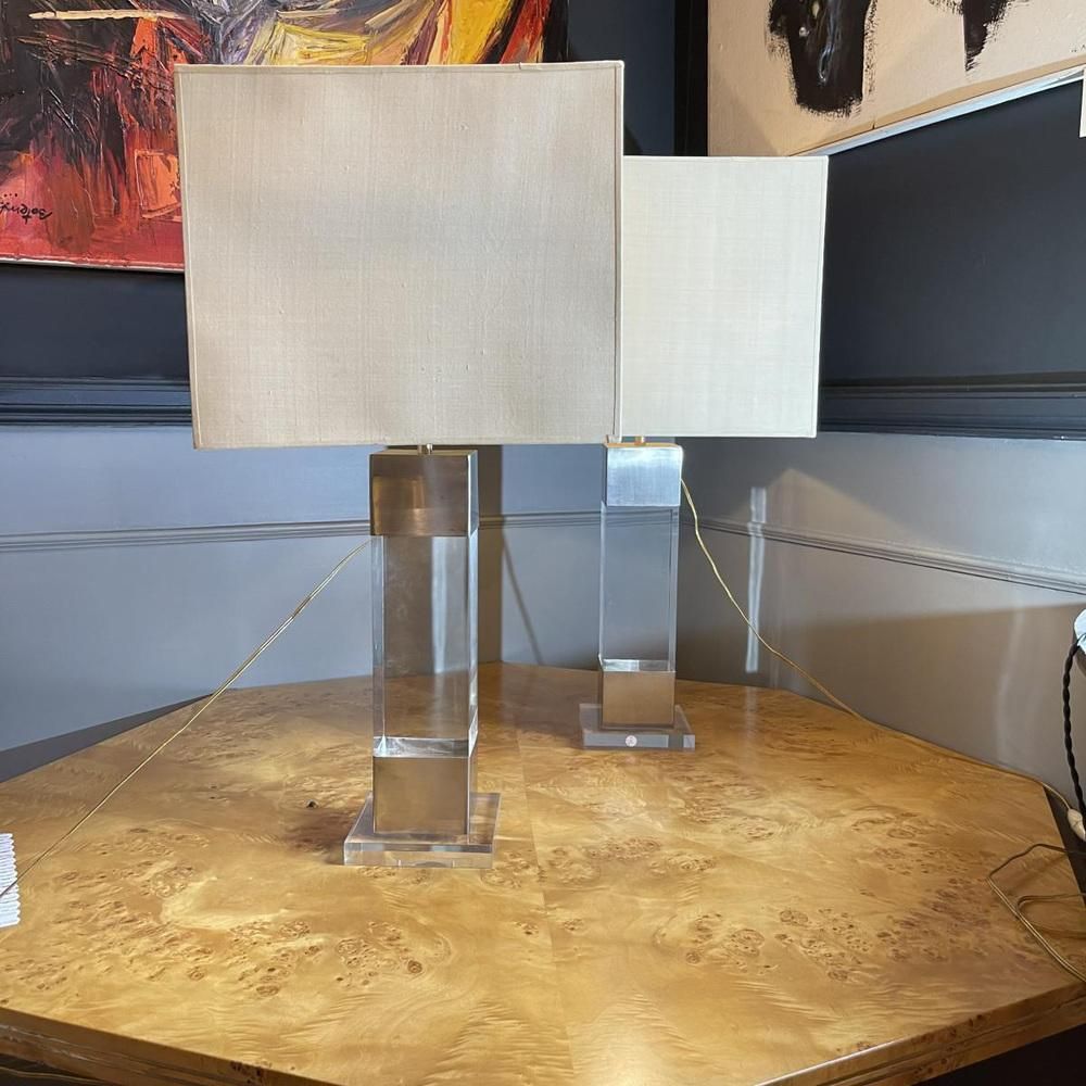 Acrylglas & Geborsteld Stalen Lampen Van Charles Hollis Jones, Jaren 1970, Set Van 2 photo furniture
