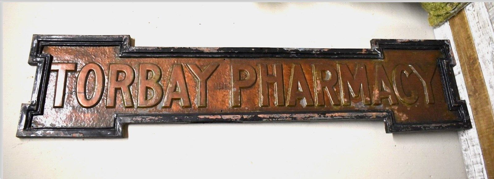 Historic Cast Copper Sign 'Torbay Pharmacy' C. 1890 1930 photo furniture