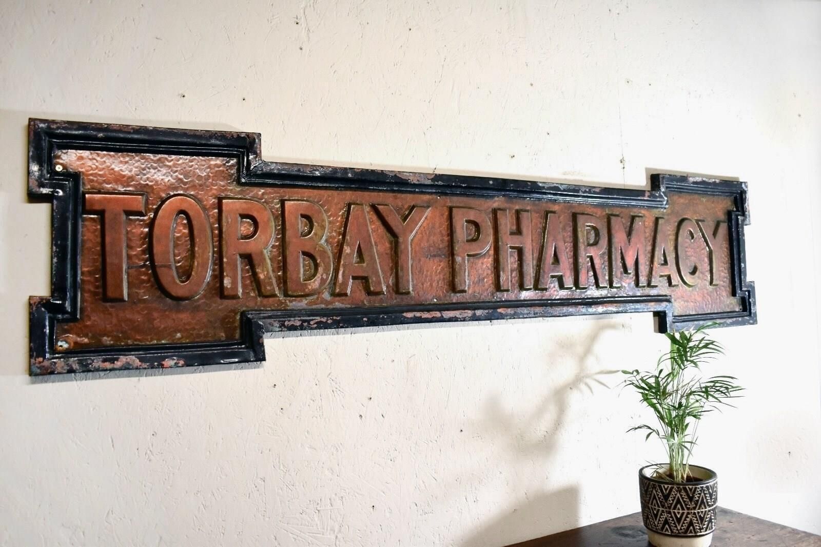 Historic Cast Copper Sign 'Torbay Pharmacy' C. 1890 1930