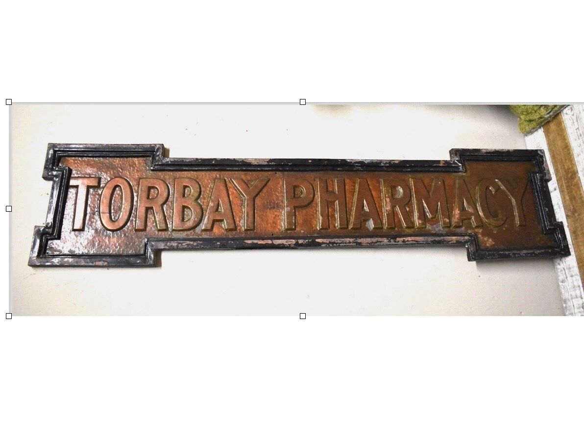 Historic Cast Copper Sign 'Torbay Pharmacy' C. 1890 1930 photo Home Decor