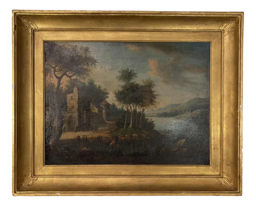 Italian School Artist, Lakescape With Forest Animated By Characters, Oil On Canvas, 18th Century, Framed