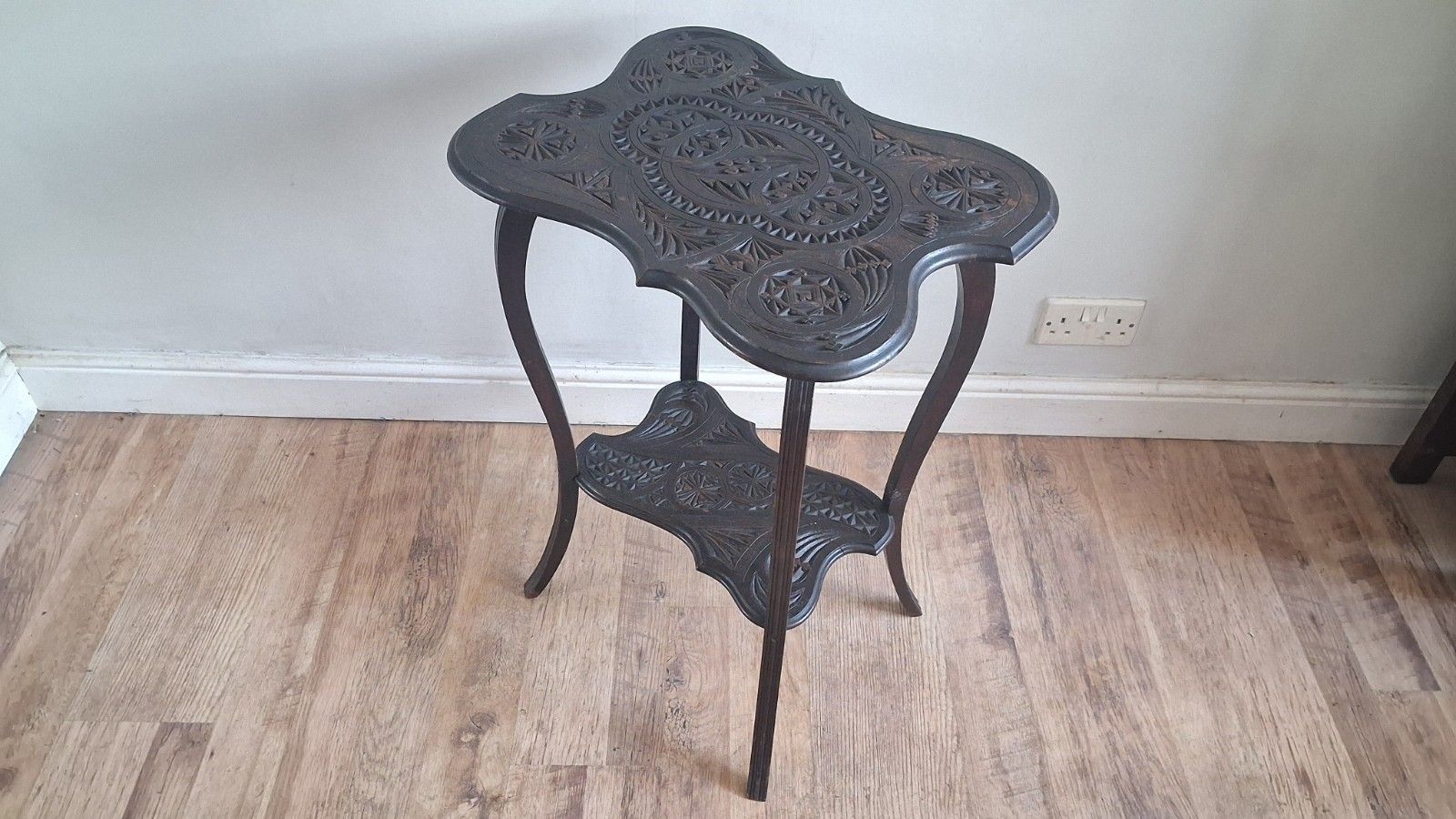 Arts And Crafts Ebonised Hardwood Japanese Carved Hall /Side/Lamp ..Table photo vinterior
