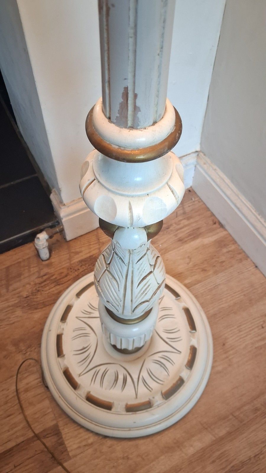 photo for sale Vintage  French Cream And Gilt Oak Standard /Floor Lamp With Delightful Shade