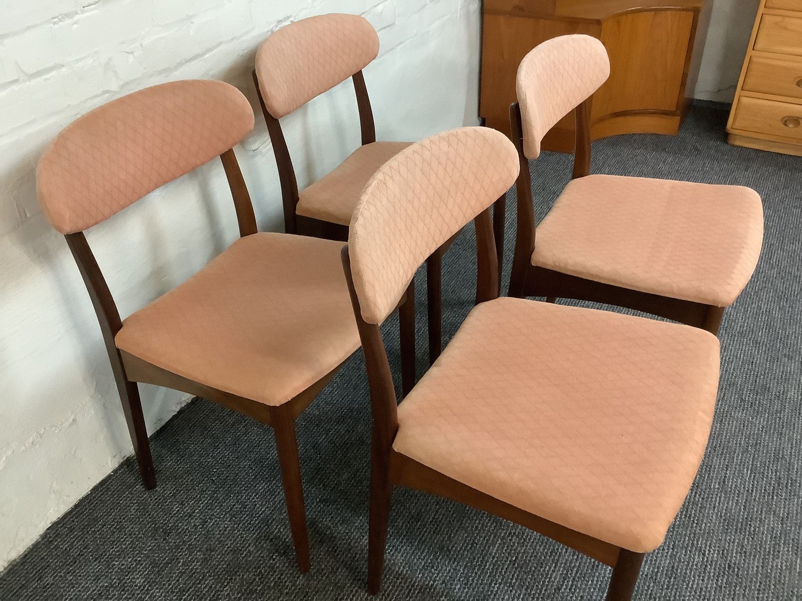 photo for sale Set Of Four Greaves & Thomas Teak Dining Chairs. Produced London 1950s.