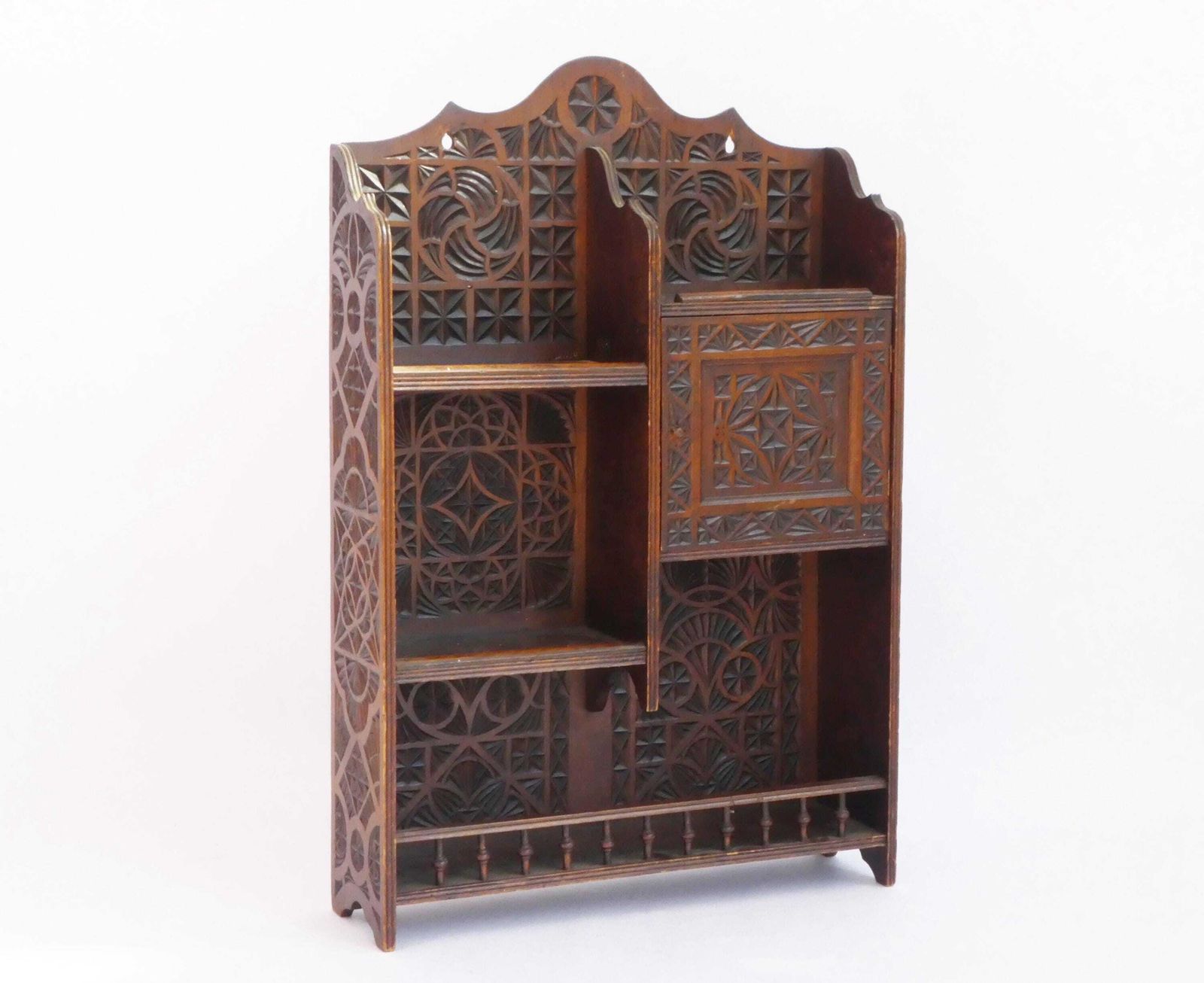 Antique Chip Carved Wooden Wall Cabinet With Shelves, Carved Wall Rack, Medicine Cabinet, Art Nouveau Wooden Wall Hanging, Farmhouse Decor