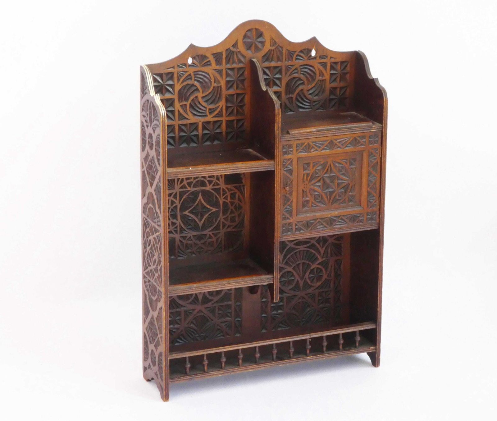 Antique Chip Carved Wooden Wall Cabinet With Shelves, Carved Wall Rack, Medicine Cabinet, Art Nouveau Wooden Wall Hanging, Farmhouse Decor photo for sale