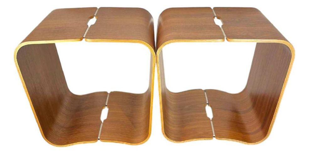 Scandinavian Stools Or Side Tables In Curved Multiplex Wood, Rosewood And Aluminum In The Style Of Alvar Aalto, 1970s, Set Of 2