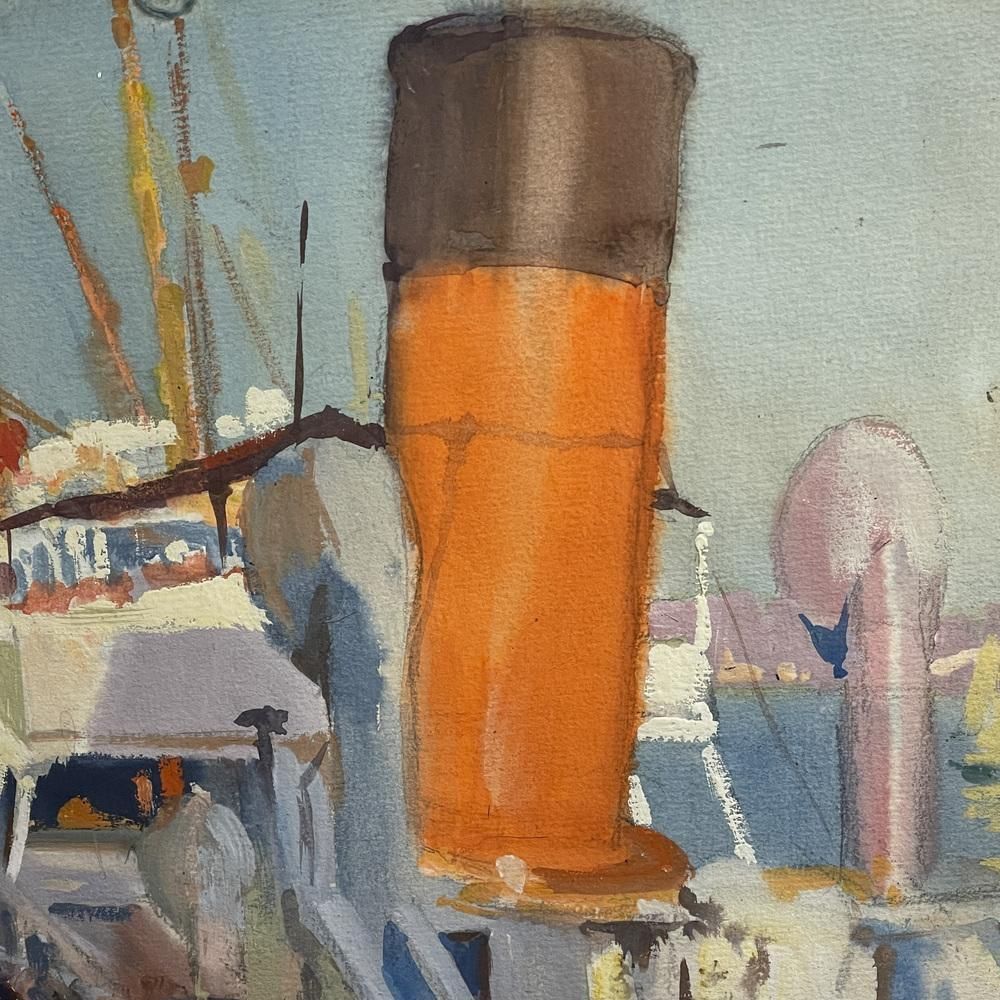 Jules Van De Leene, Marine Liner At Dock, Jaren 1920, Gouache photo Kunst