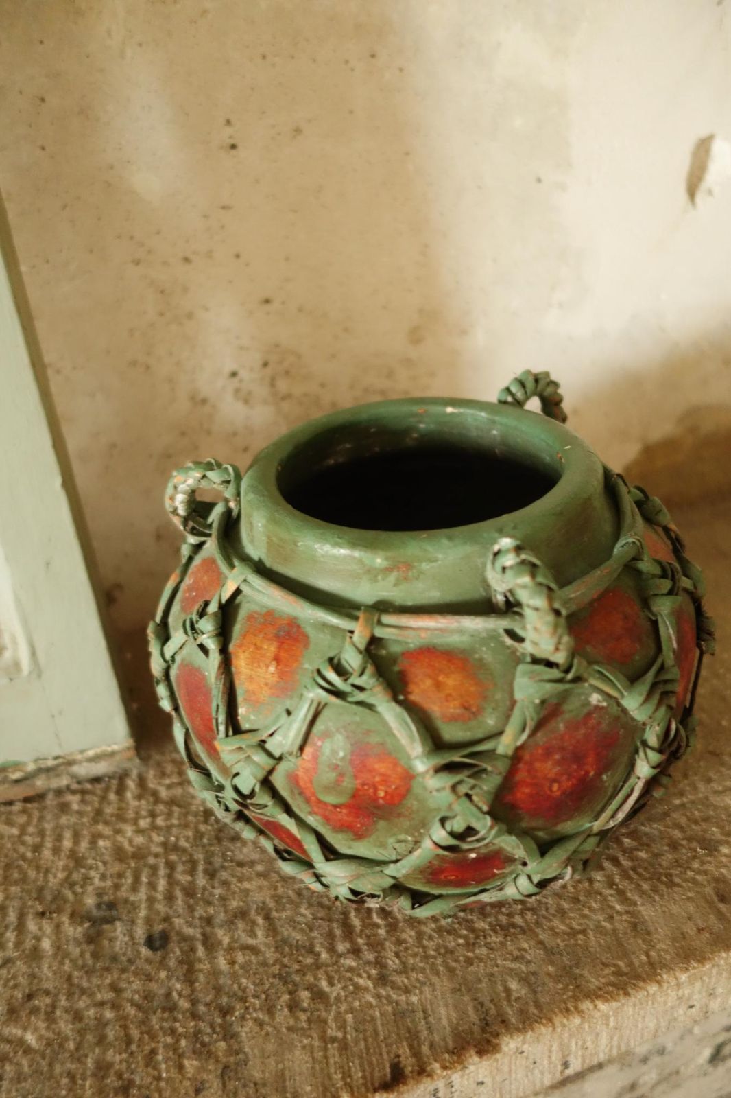 Unusual Folk Art Vase – Ceramic Vessel With Woven Relief Design photo for sale