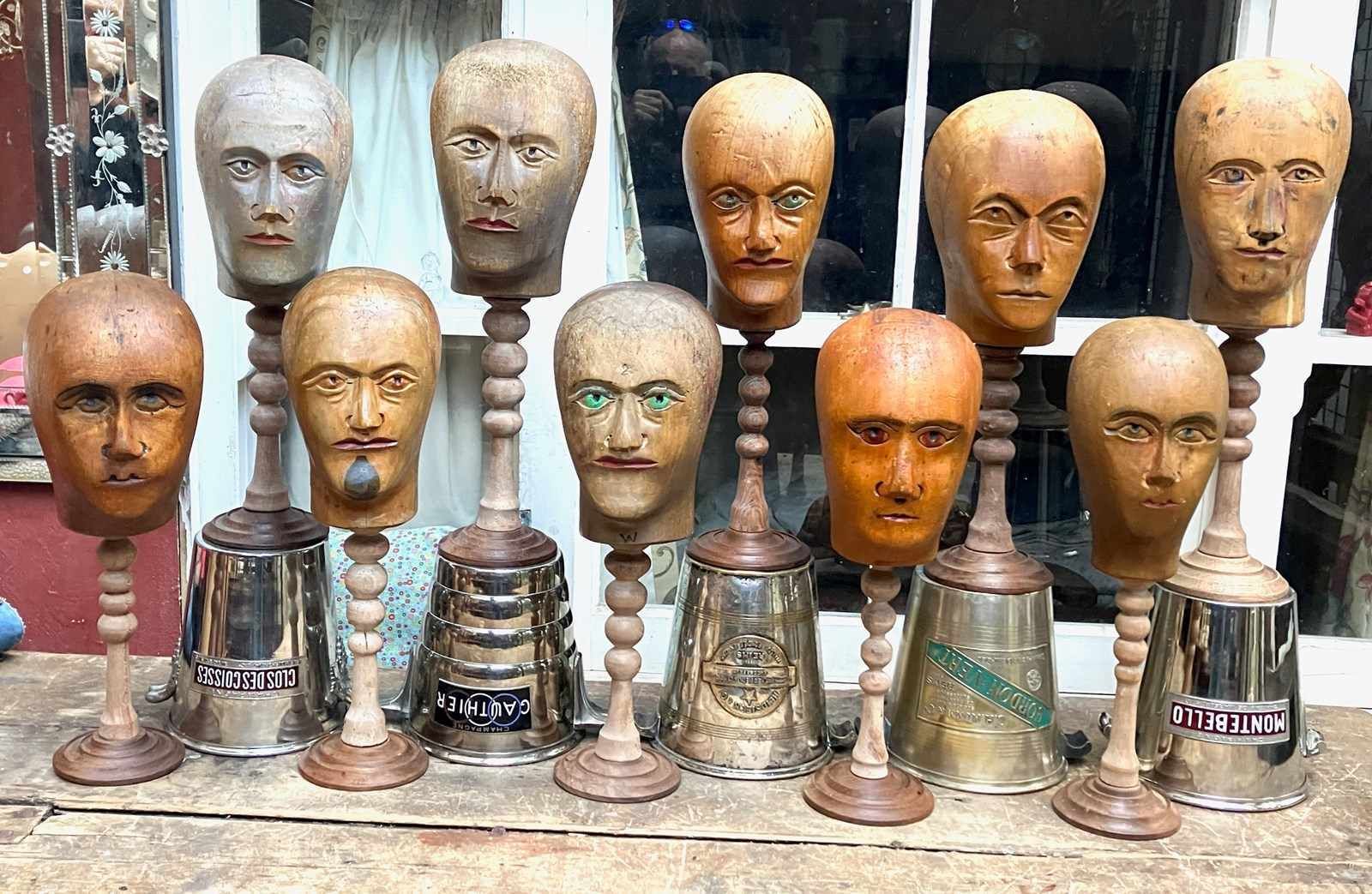 Collection Of 10 Wig Maker's Wooden Heads On Stands (C1900 1925)