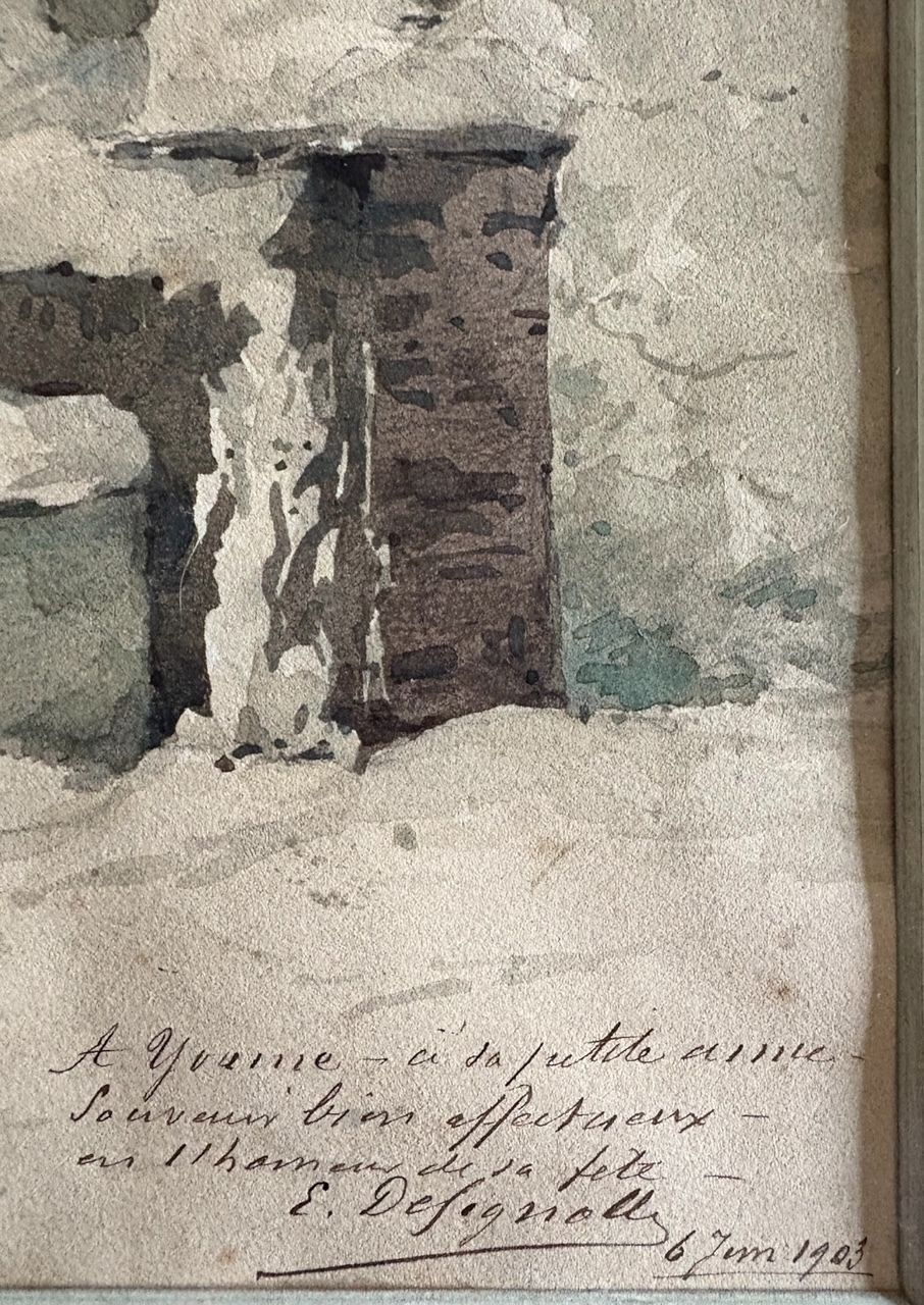 French Winter Courtyard Scene, 1903 – Watercolour By E. Desjardins photo for sale