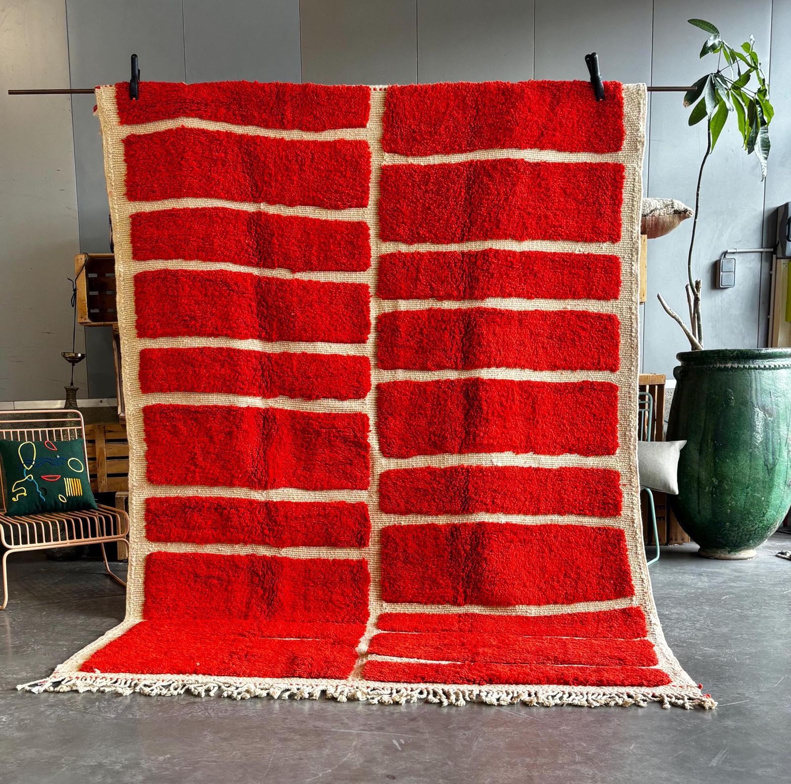 Handwoven Moroccan Mrirt Wool Rug 190x300 Cm | Red And Cream Geometric Design | Modern Berber Carpet / Moroccan Beni Ourain Carpet