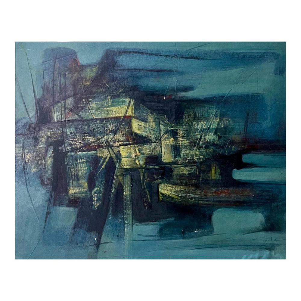 Kunst Erwin Mackowiak, Blauwe Abstracte Compositie, Olie Op Paneel, 1960 photo