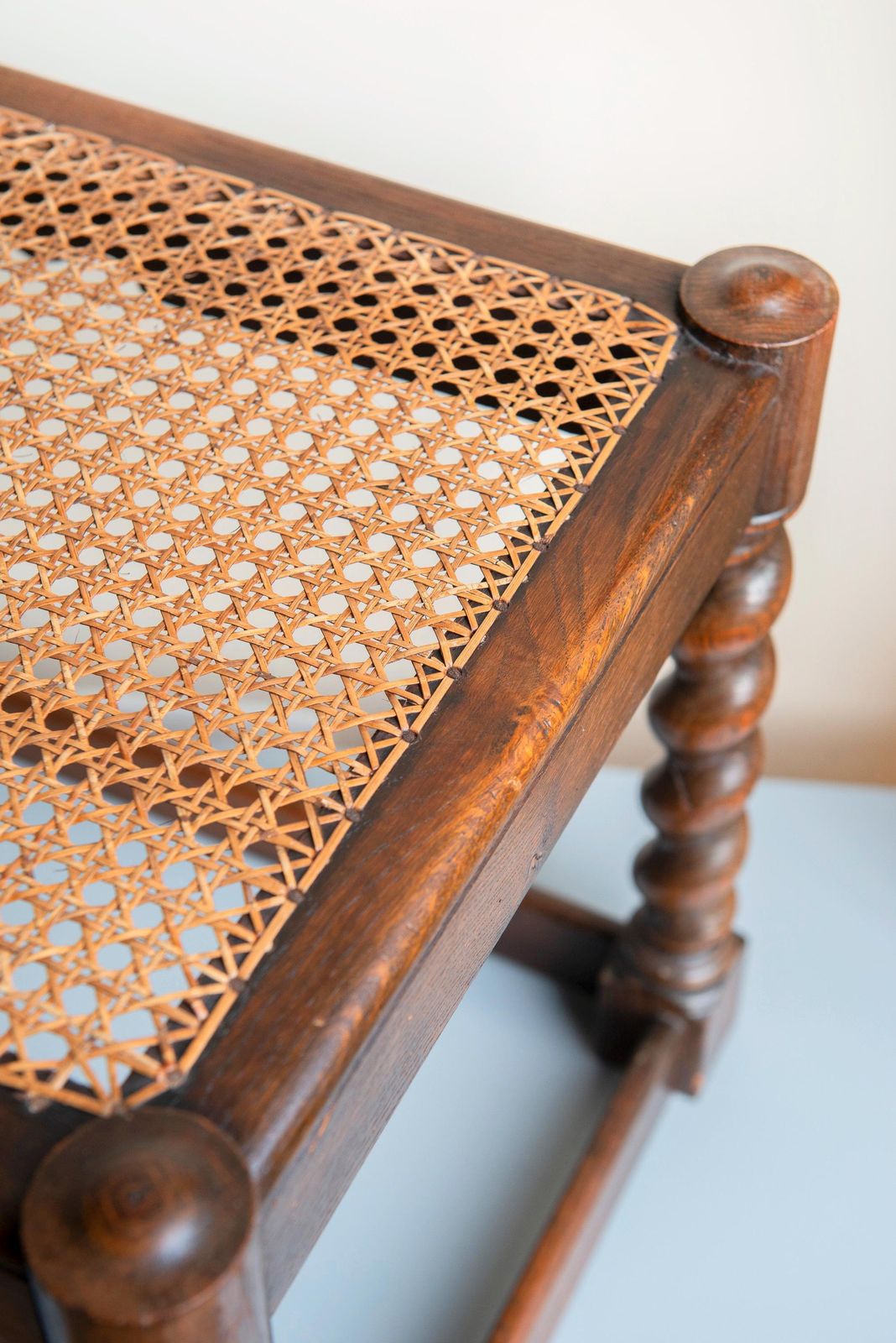 photo furniture Rustic Oak Bench With Cane Seat – Handmade 1930s Dutch Accent Piece – Dark Brown Webbing Stool – Barley Twist Vintage Home Decor