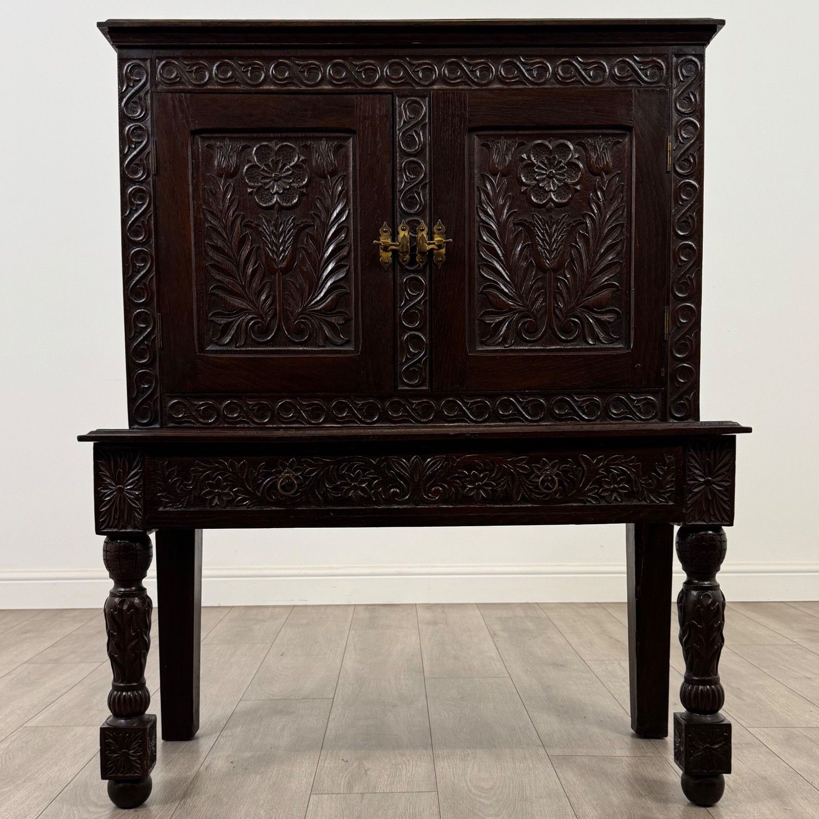 Antique 19th Century Unusually Small Carved Oak Cabinet