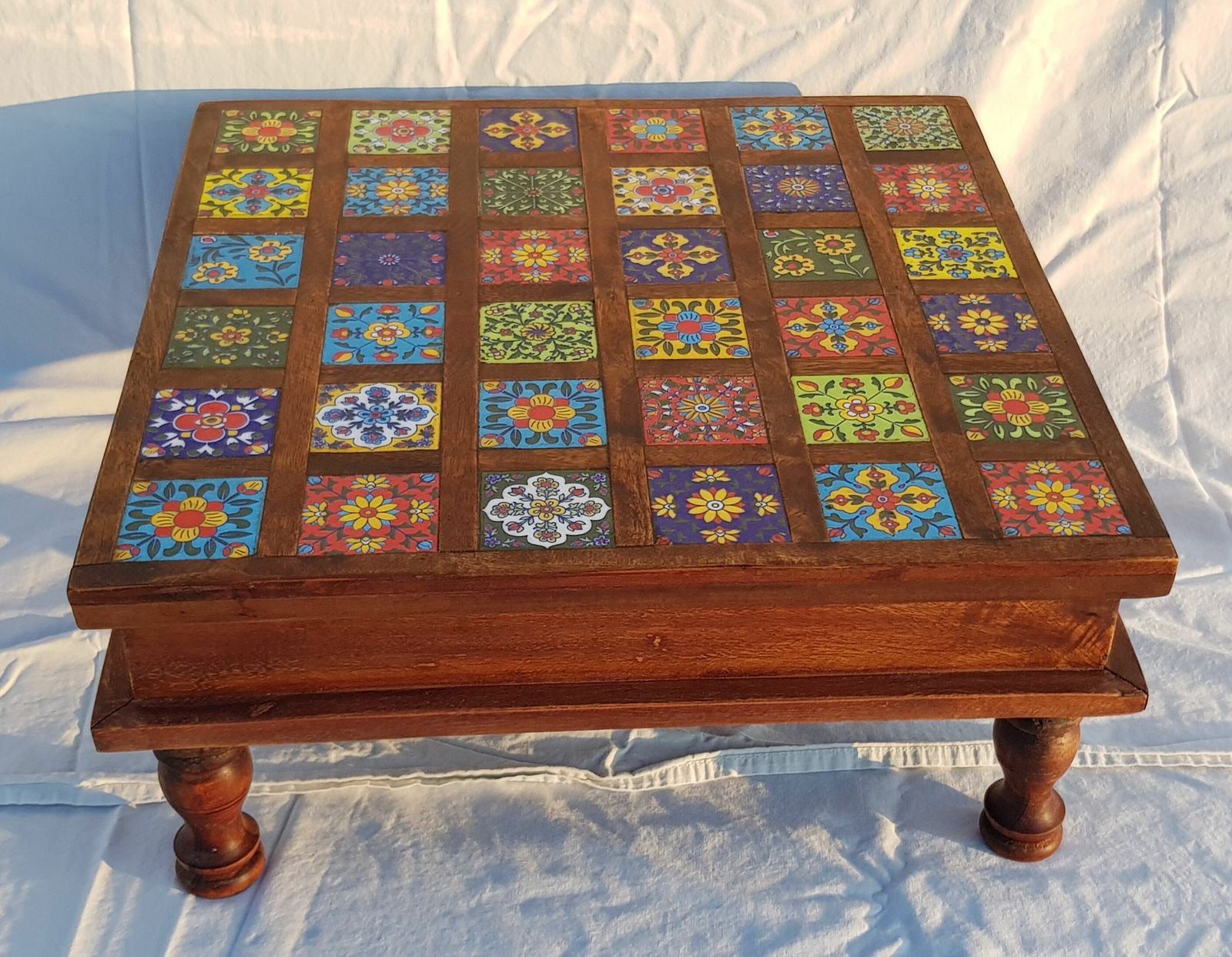 Square Rosewood Tea Table With 36 Small Hand Painted Ceramic Tiles photo 80.0