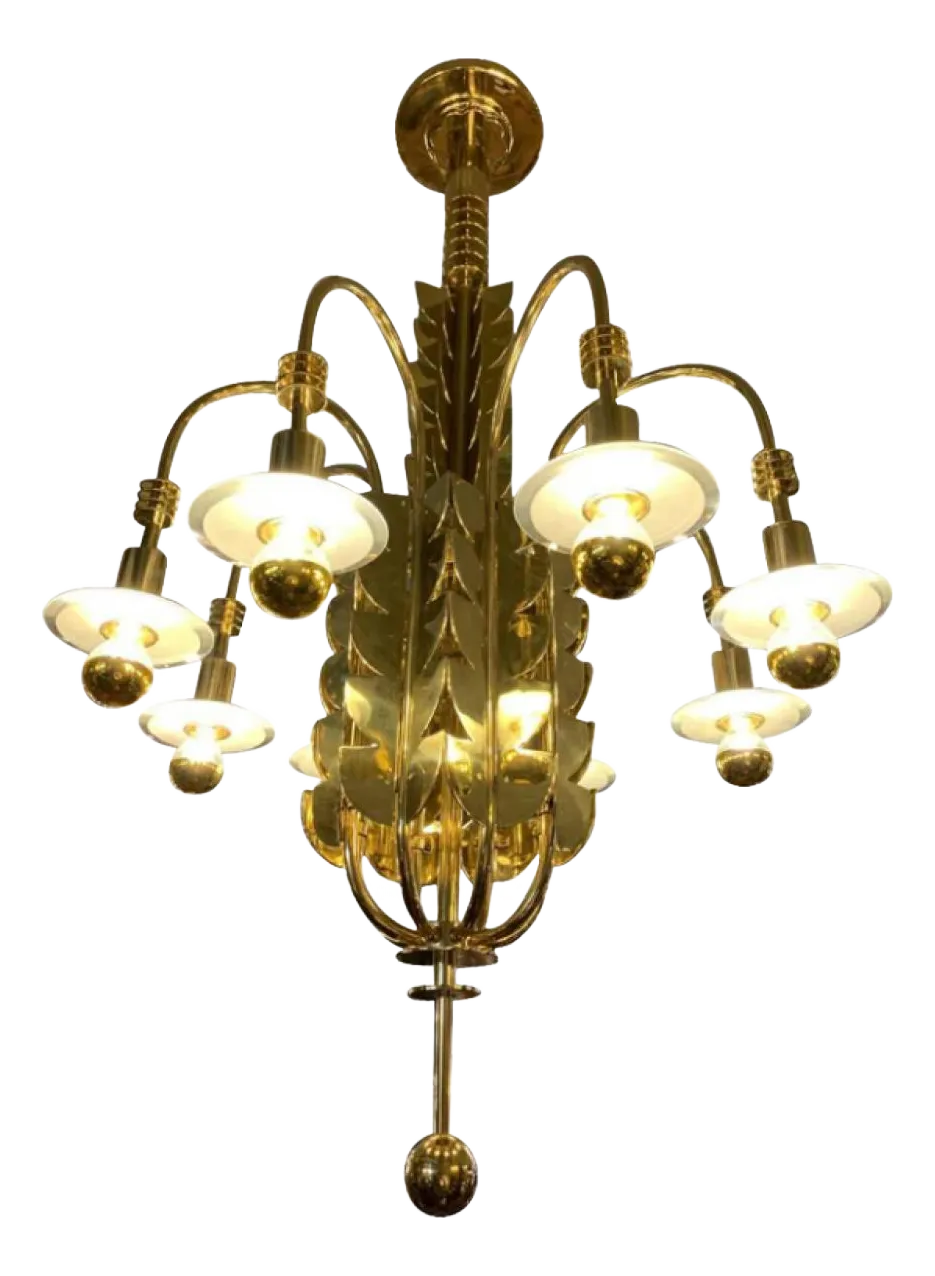 Art Deco Brass Glass Chandelier By Gio Ponti For Emilio Lancia / Fontana Arte, 1930s