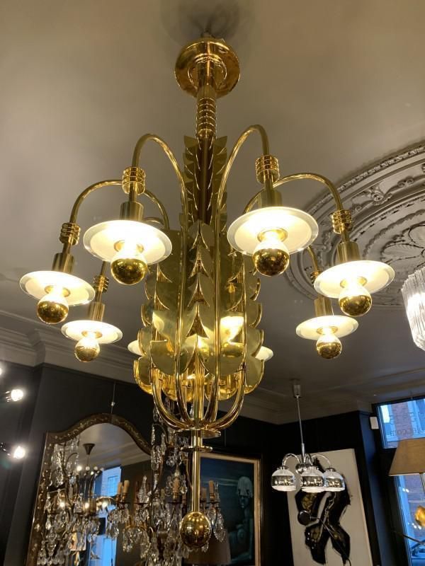 Art Deco Messing Glazen Kroonluchter Toegeschreven Aan Gio Ponti Voor Emilio Lancia / Fontana Arte, Jaren 1930 photo for sale