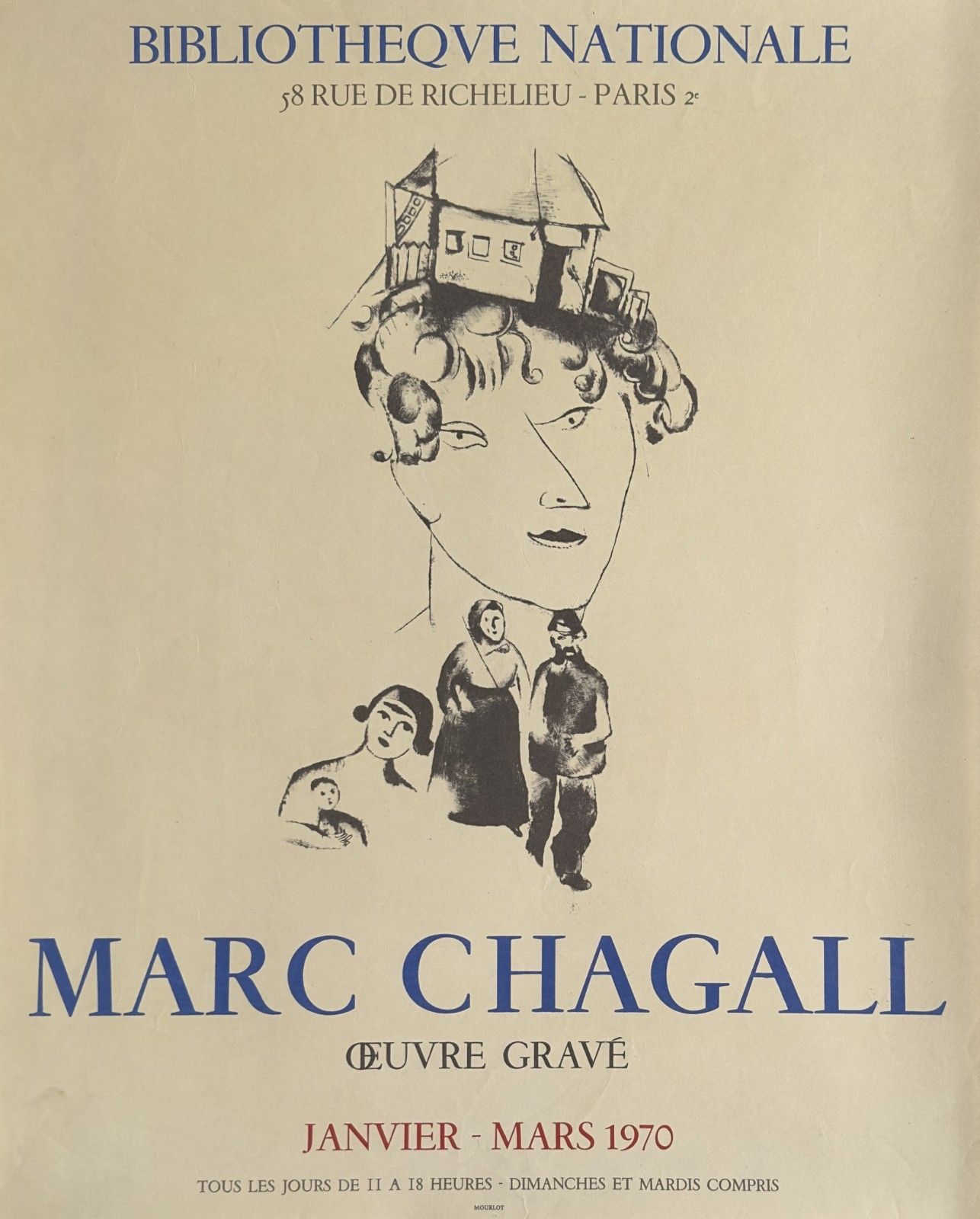 Marc Chagall Exhibition Poster Paris 1970 Bibliothèque Nationale Mourlot