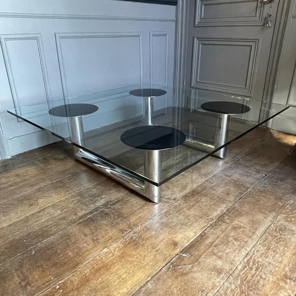Grote Italiaanse Vierkante Salontafel In Verchroomd Stalen Buisframe, Jaren 1970 photo buy