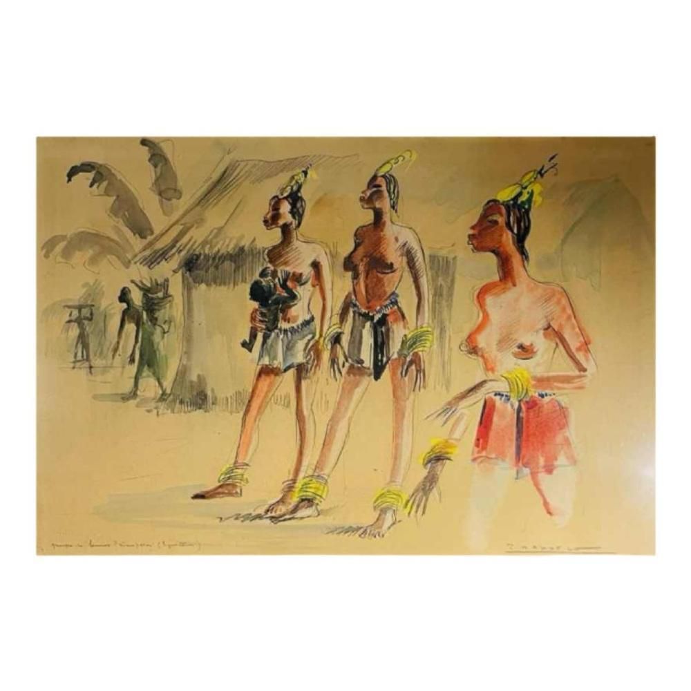 photo for sale Paul Daxhelet, Central African Primiparous Women, 1950s, Mixed Media On Paper
