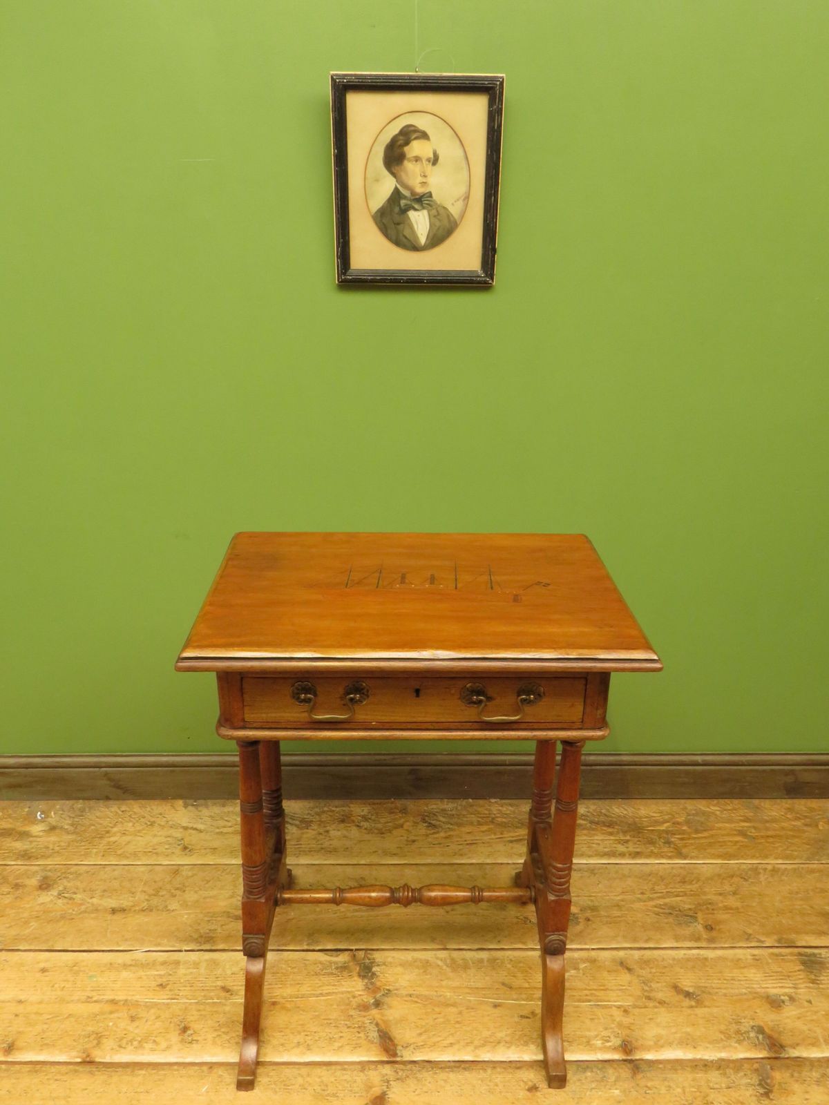 photo furniture Trinity House Style Work Table With Inlaid Ship & Signature H.Larsen, 1911