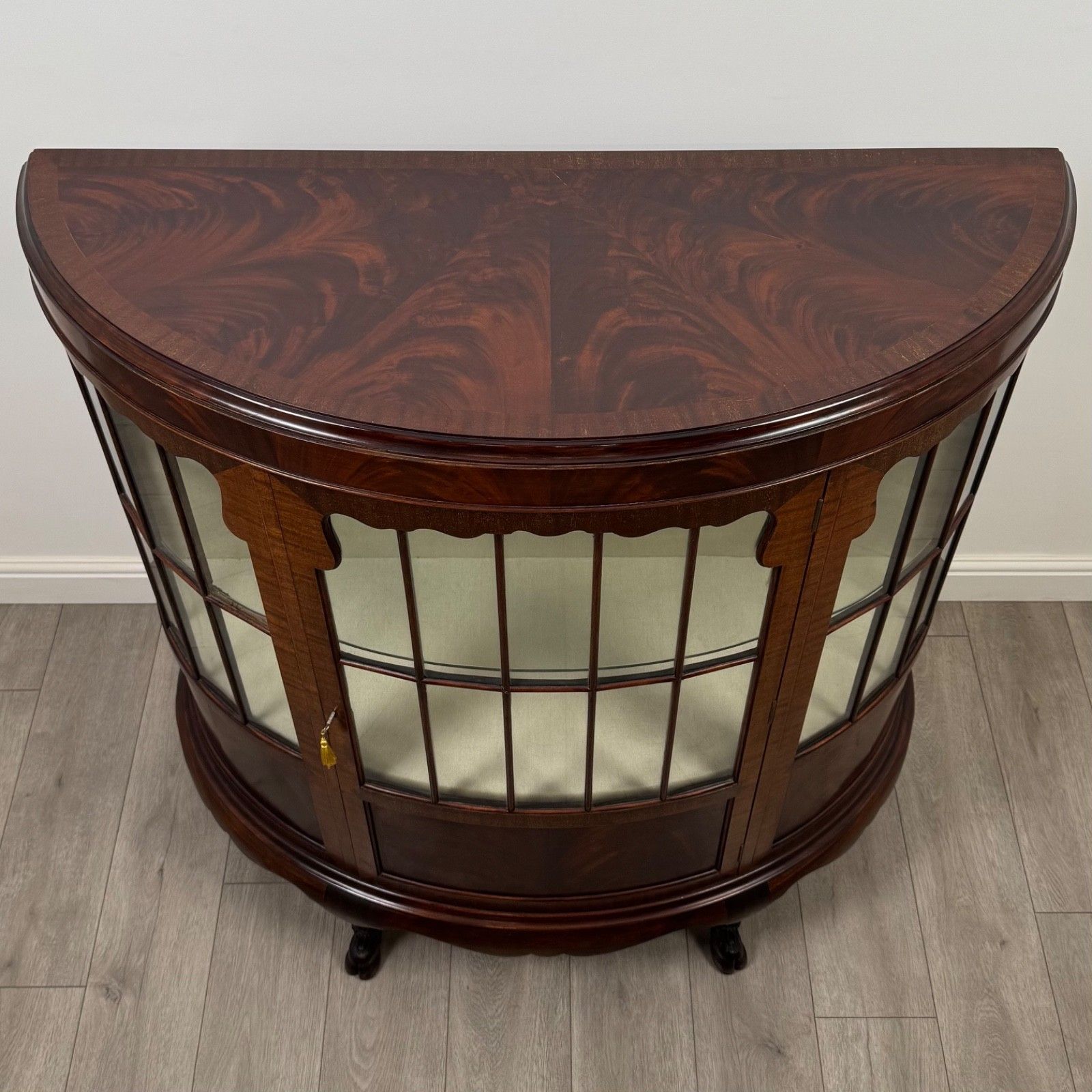 photo for sale Antique 20th Century Demi Lune Display Cabinet In Mahogany