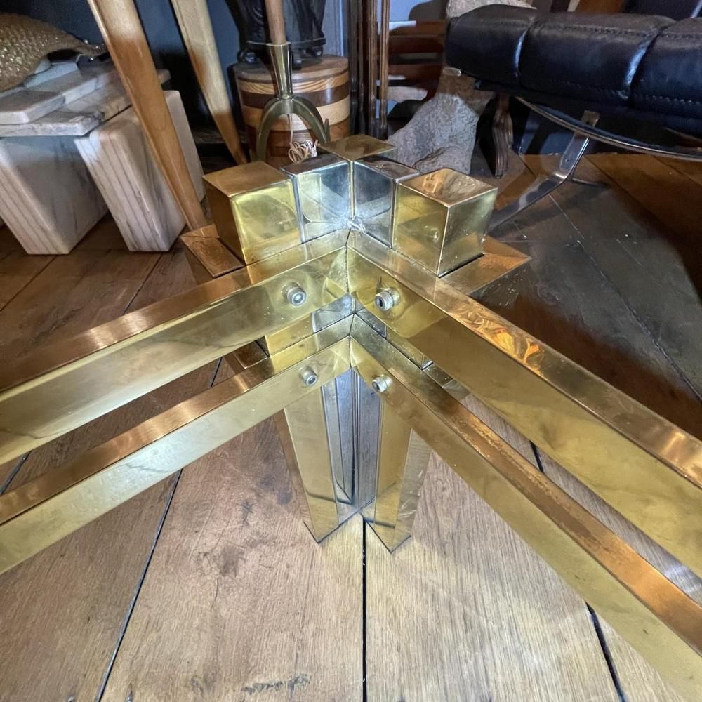 Vintage Coffee Table In Smoked Glass, Brass & Chrome Metal, 1970s photo vinterior