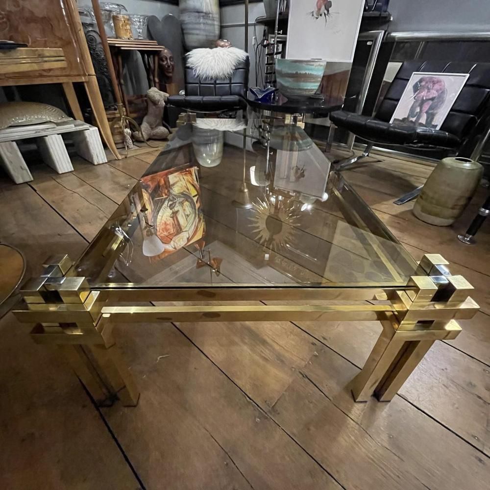 photo buy Vintage Coffee Table In Smoked Glass, Brass & Chrome Metal, 1970s