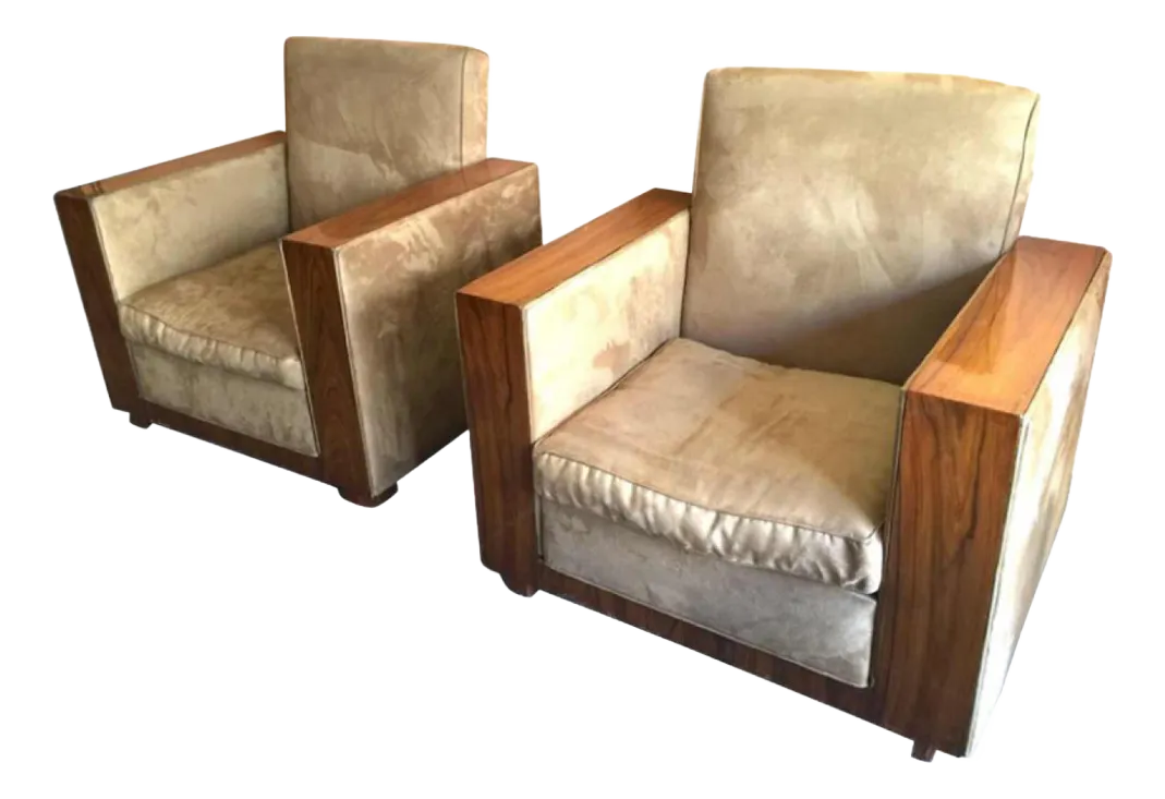Set Art Deco Clubfauteuils In Alcantara & Walnoot, 1930