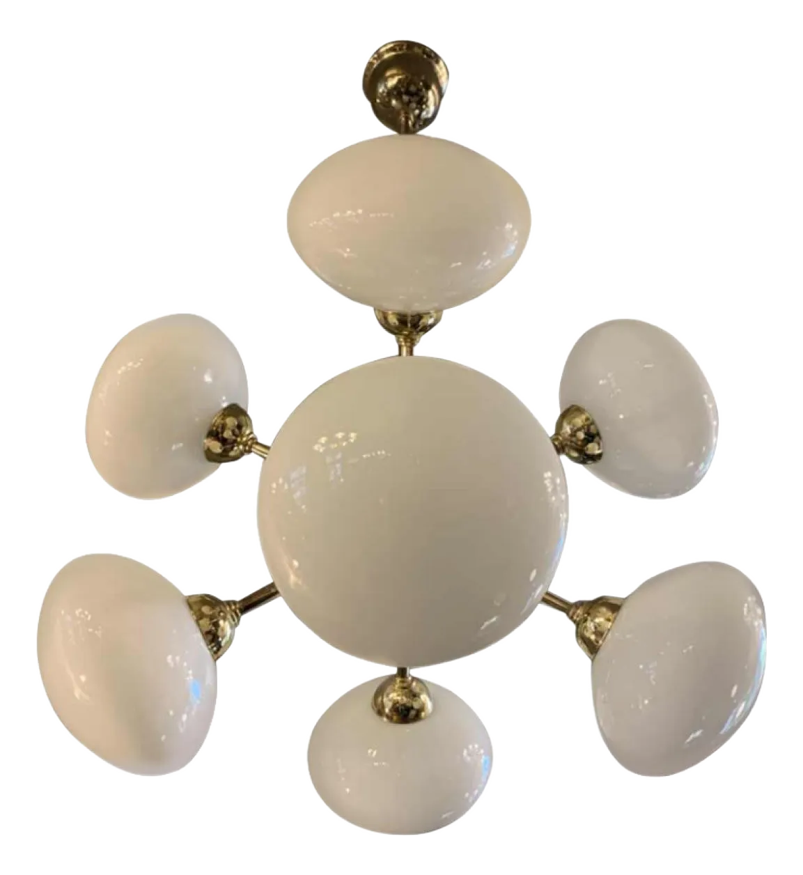 Sputnik Chandelier In Golden Brass With 8 Opaline Glass Ball Globes, 1970s