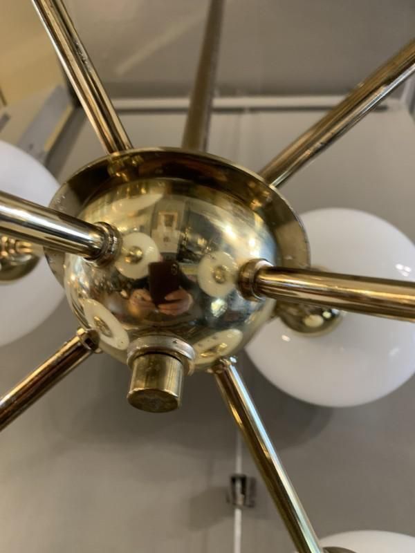 Sputnik Chandelier In Golden Brass With 8 Opaline Glass Ball Globes, 1970s photo buy
