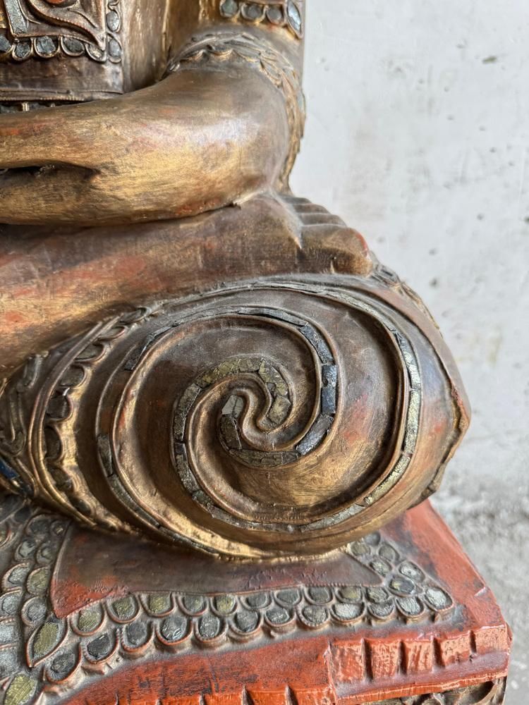 Large Seated Buddha Sculpture In Carved Base Gilded Wood photo vintage