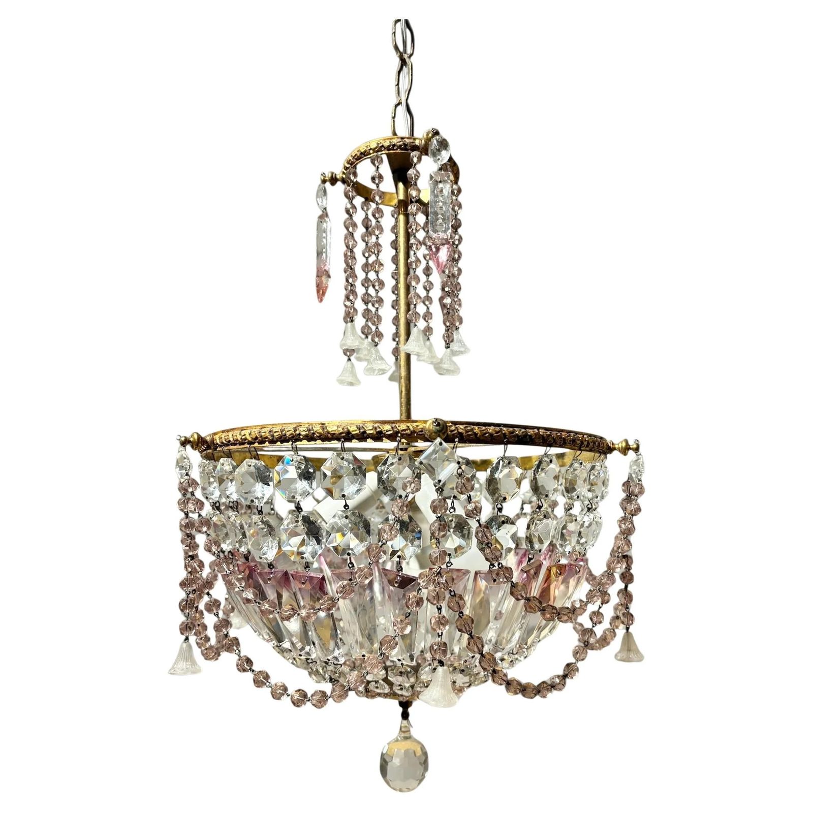 Italian Mid Century Brass And Bohemian Crystal Chandelier