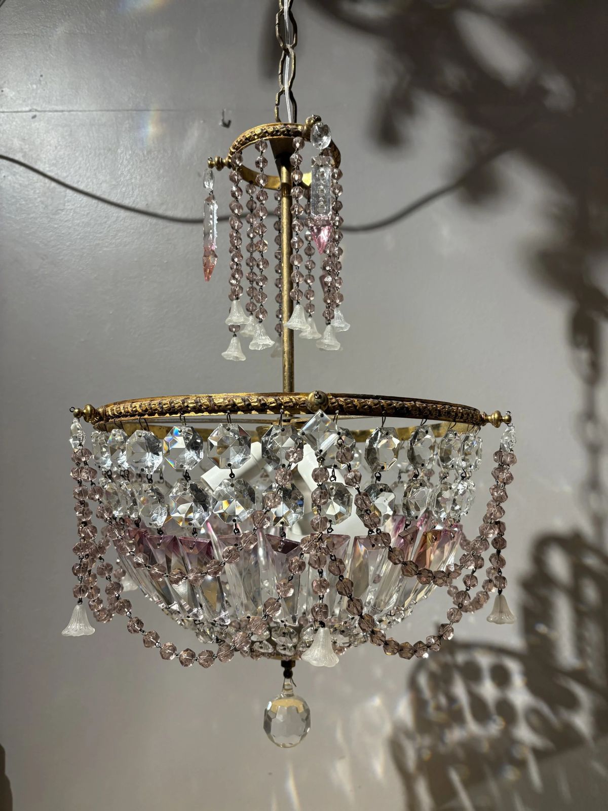 Italian Mid Century Brass And Bohemian Crystal Chandelier photo for sale