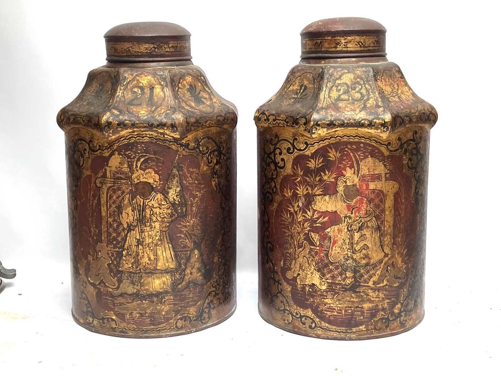 Rare & Beautiful Pair Of Original 19thc 'Pagoda' Tea Tins With Chinese Warriors