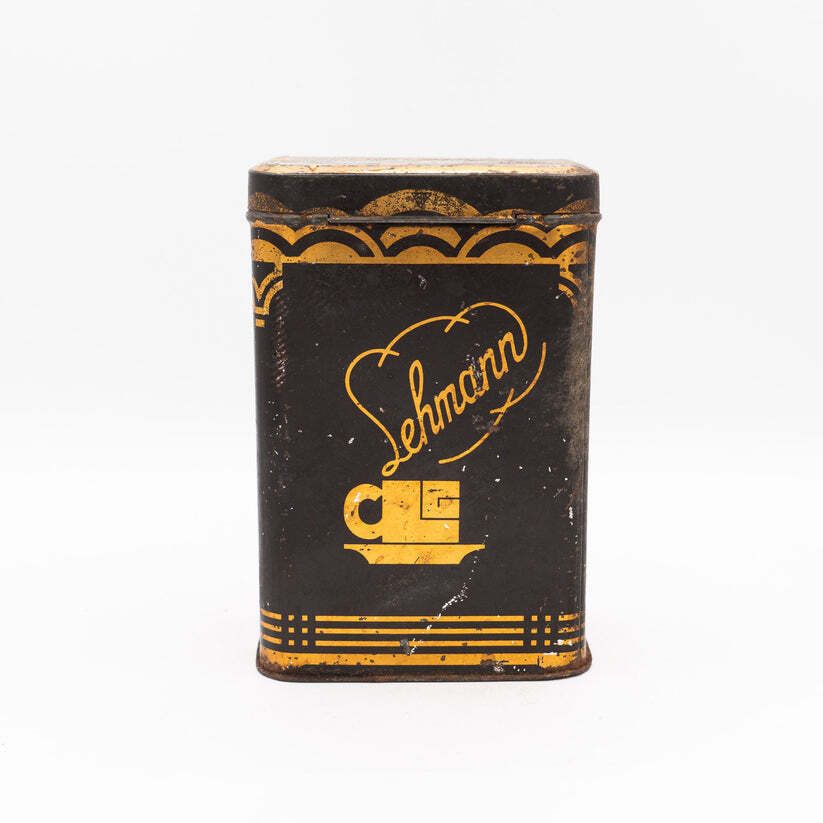 Lehmann Kaffee Advertising Tin, Leipzig   Black & Gold   1940s–50s photo for sale