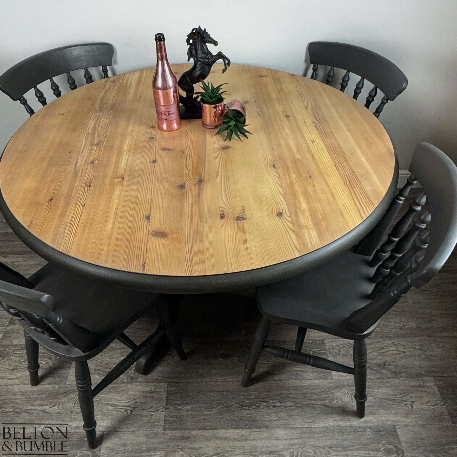 Circular Pedestal Dining Table Set With Four Farmhouse Chairs — Dark Grey photo furniture