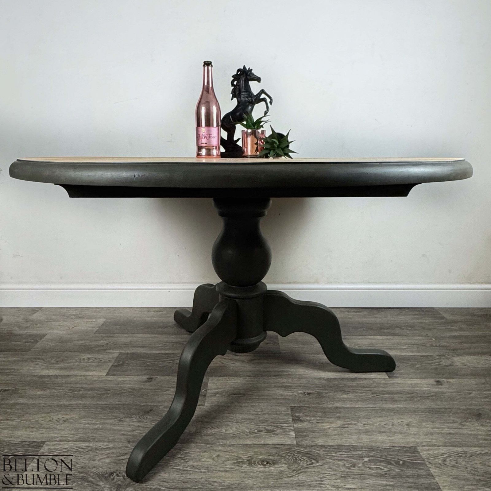 Circular Pedestal Dining Table Set With Four Farmhouse Chairs — Dark Grey photo Furniture