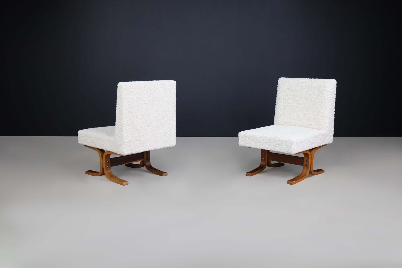 Set Of Two Ludvik Volak Bentwood Lounge Chairs In Off White Bouclé, Cz 1960s photo Furniture