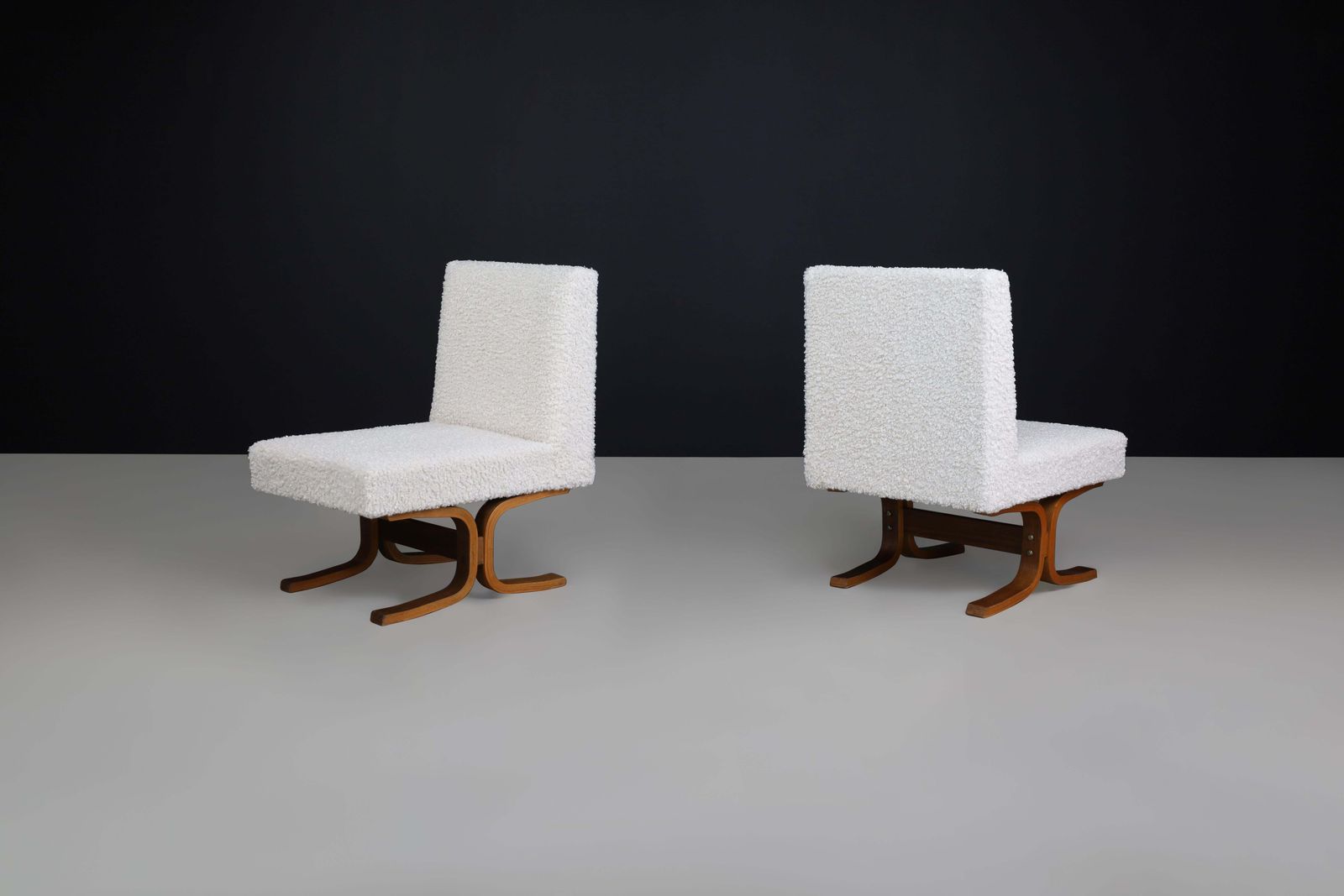 Set Of Two Ludvik Volak Bentwood Lounge Chairs In Off White Bouclé, Cz 1960s photo buy