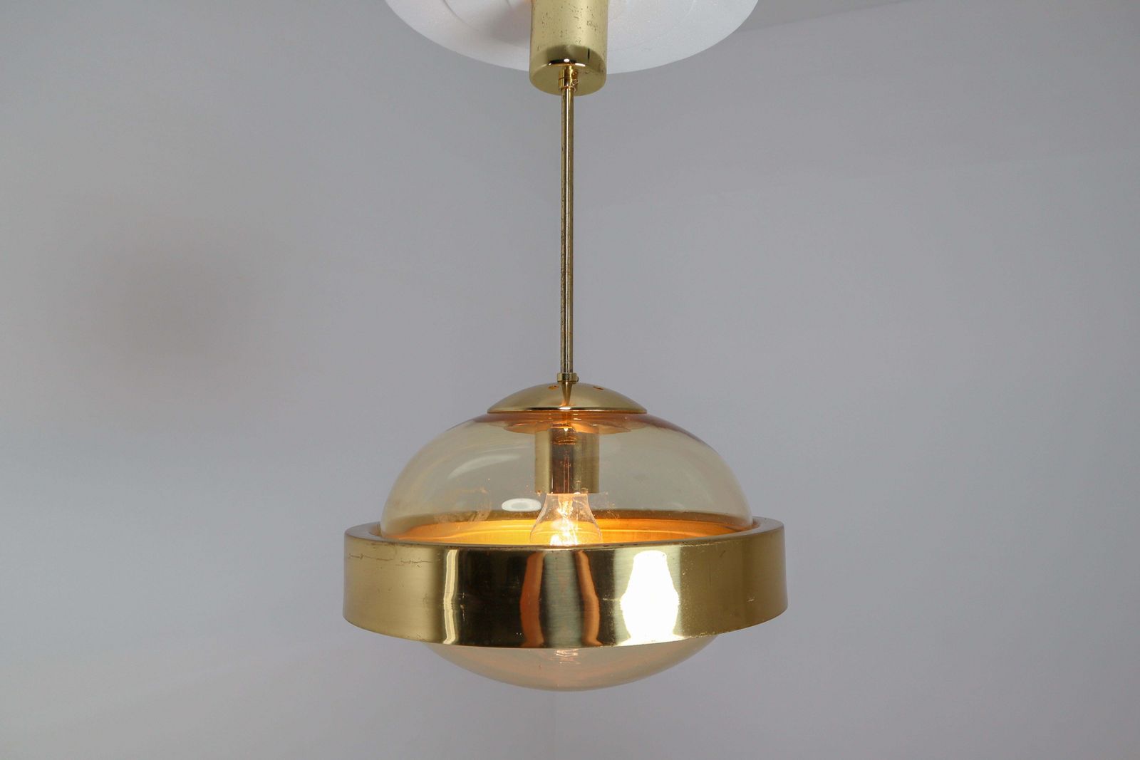 Mid Century Modernist Hand Blowed Glass And Brass Pendant, 1960s photo furniture