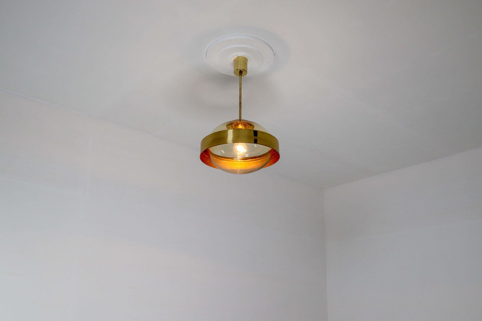 Mid Century Modernist Hand Blowed Glass And Brass Pendant, 1960s photo buy