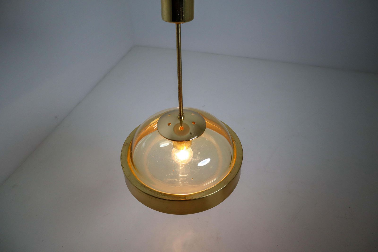 Mid Century Modernist Hand Blowed Glass And Brass Pendant, 1960s photo vintage