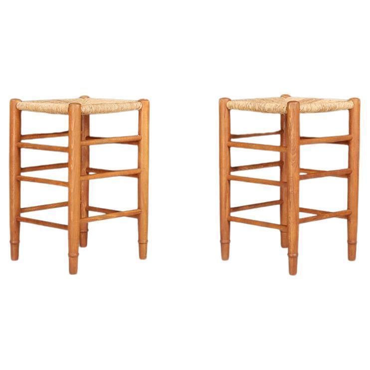 Mid Century Modern Pinewood And Rush Stools In The Style Of Charlotte Perriand