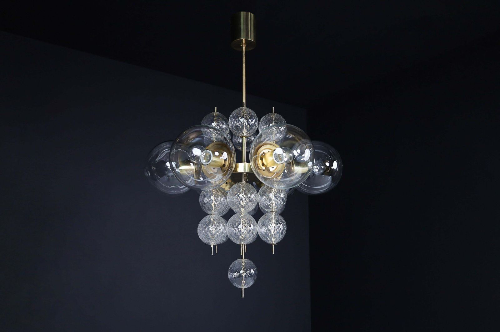 Mid Century Chandelier With Brass Fixture And  Glass Globes By Preciosa, Czechia photo vinterior