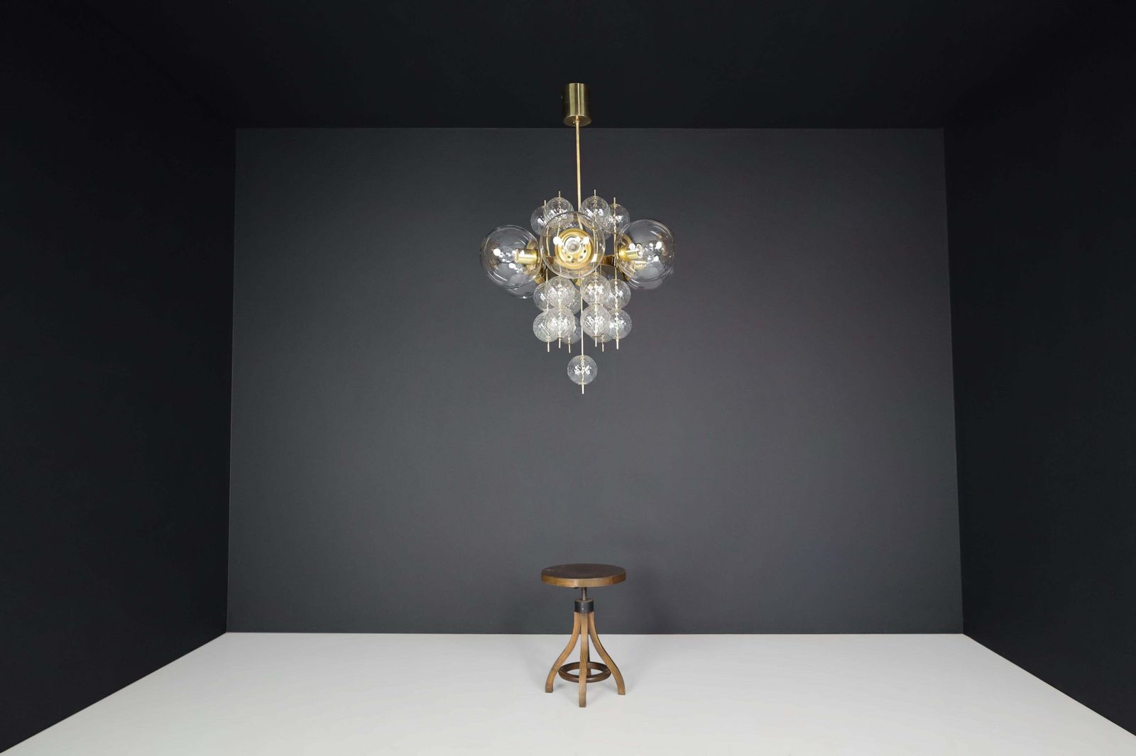 Mid Century Chandelier With Brass Fixture And  Glass Globes By Preciosa, Czechia photo buy