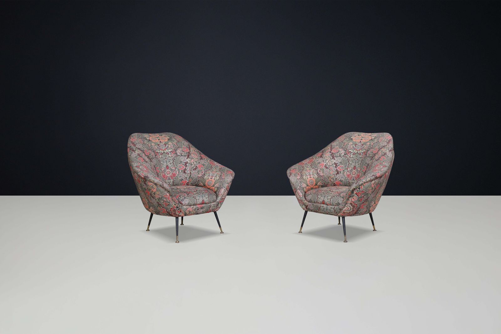 Federico Munari Armchairs In Original Floral Upholstery With Brass Feet. photo for sale